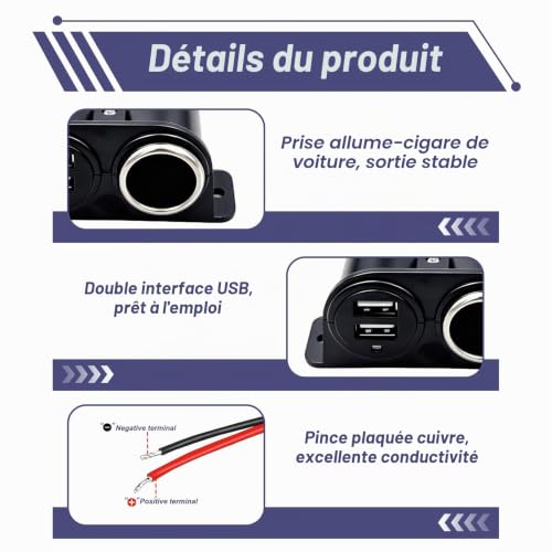 Prise Allume Cigare USB, Panneau Prise 12V 24V avec Double Port USB et Voyant LED, Répartiteur d’Alimentation à Montage Fixe Câble et Vis, Voiture, Camion, Camping-Car, Bateau et Moto, Téléphone, GPS – vue 3