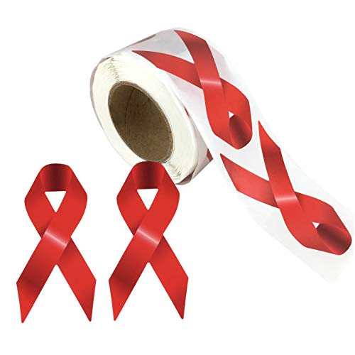 250 pcs Red Ribbon Stickers Envelopes Tag for Cards Awareness Week Adhesive Labels Roll, 3 x 1 1/2 Inches