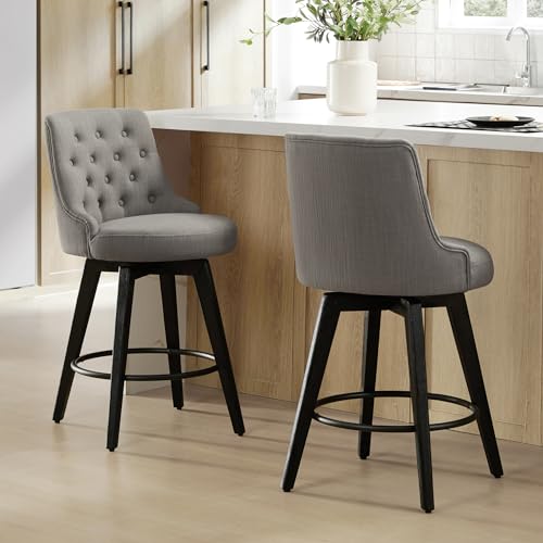 Image of Watson & Whitely Counter Height Bar Stools Swivel Barstools, Fabric Grey | Upholstered Modern Barstool with Back, Solid Wood Legs, 26 inch H Seat