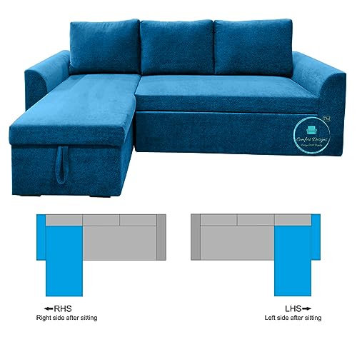 Image of Comfort Designs Creta 4 Seater Corner Sofa Cumbed for Living Room, Textured Premium Polyester Fabric, Functional Storage, Soft, Lightweight, Comfortable, Blue