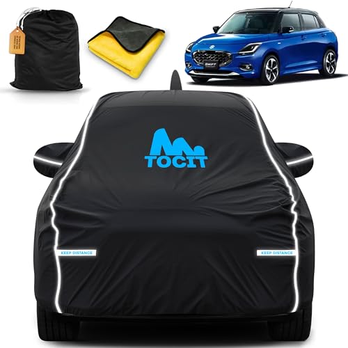 Image of Tocit Swift 2024 Waterproof Long Life Car Cover with Safety Glow Reflective Strap, Premium Stretchable Velvet Velour Fabric, Machine Washable, Tri-Stitch Custom Fit with Mirror & Antenna Pocket