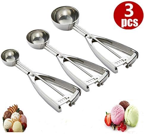 18/8 Stainless Steel Ice Cream Scoops Set, Cookie Scoops Set of 3 PCS Trigger Include Small（1.58 inch）, Medium (1.97 inch),Large (2.37 inch), Melon Baller Fruit Melon Baller,Melon Scoop Spoon