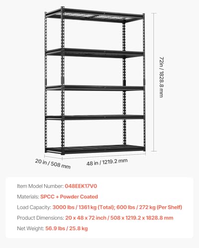 Image of VEVOR Storage Shelves, 3000 lbs, 5 Tier Heavy Duty Garage Shelving, 20 inch D x 48 inch W x 72 inch H Adjustable Metal Shelves for Industrial Shelving Unit Utility Shelf, for Kitchen, Warehouse, Basement, Black