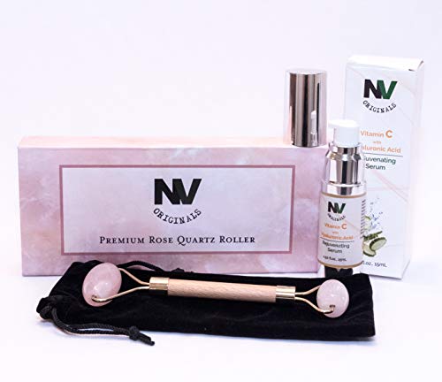Rose Quartz Facial Roller Set for Face Slimming, Wrinkles, Dry Skin, Puffy Eyes| Includes Face Massager Roller, Vitamin C Serum, 2 Bags | Use Daily for Rapid Results