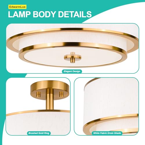 Edwarmlux 3-Light Semi Flush Mount Ceiling Light, 16" Drum Light with White Fabric Shade, Modern Close to Ceiling Lamp for Living Room Bedroom Dining Kitchen Hallway Entry (Brushed Gold) - Thumbnail 7