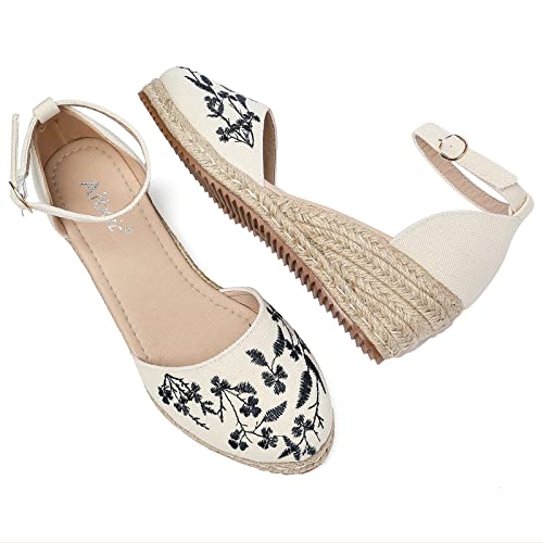 Altxic Women's Closed Toe Embroidered Vamp Canvas Ankle Strap Espadrilles Wedge Sandals Embroidered Beige 7 Us #TOP5