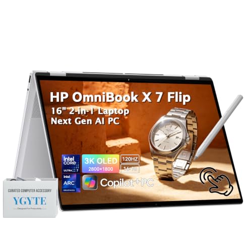 Image of HP OmniBook 7 X Flip 16 inch 2 in 1 Laptop Copilot+ AI PC, 3K OLED Touchscreen Convertible Business Laptop, Intel Core Ultra 7(>i7-1355U) EVO+47 Tops NPU, 32GB LPDDR5 1TB SSD, Windows 11 Home, Backlit