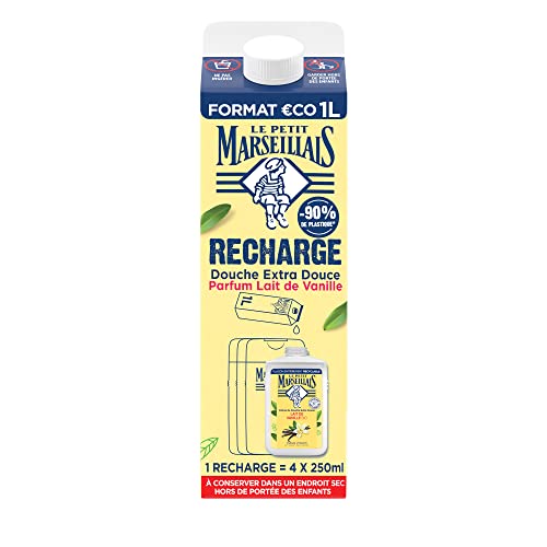 Le Petit Marseillais- Recharge Crème de Douche Extra Douce Lait de Vanille Bio (brique de 1 L)– Recharge gel douche avec 92 % d'ingrédients d'origine naturelle– pH neutre pour la peau et sans colorant