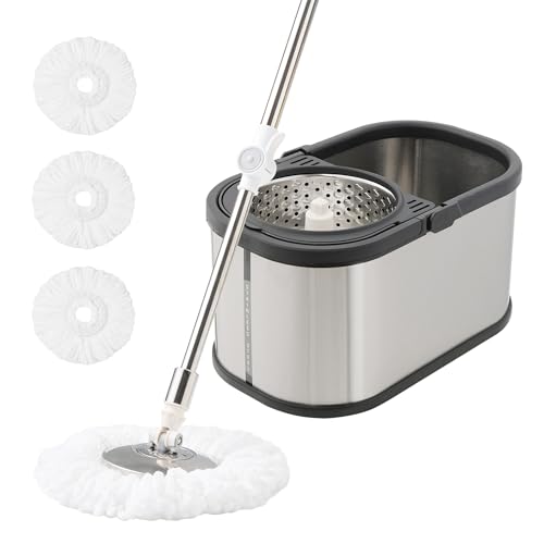 Stainless Steel Spin Mop and Bucket with Wringer Set, 360° Spinning Mop Bucket Floor Cleaning System with 4 Microfiber Mop Replacement Heads
