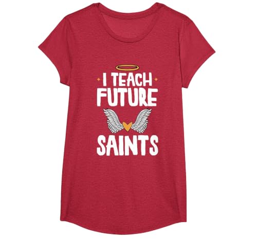 I Teach Future Saints Catholic Educator Teacher T-Shirt, Girls, Red Heather, Medium