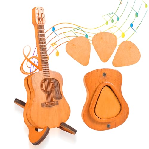 Plektren Gitarre Holz 3 Stück Plektrum Akustikgitarre mit Akustikgitarren Picks Box Gitarren Plektren Halter Personalisierte Wooden Guitar Picks für Gitarren Bass Ukulelen Liebhaber