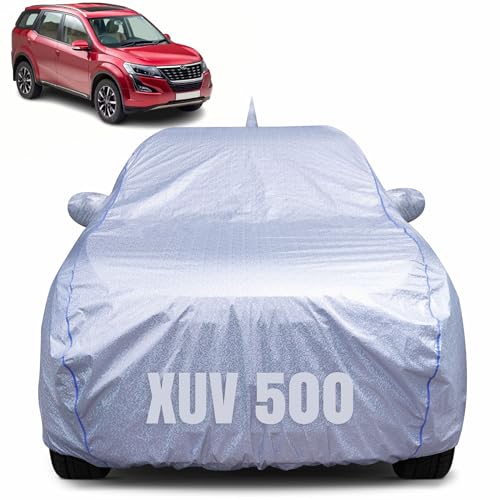 Image of 100% Waterproof Car Body Cover for Mahindra XUV 500 (2011-2021) with Mirror Pocket, Heat & UV Resistant, Triple Stitched, Soft Lining, Bottom Elastic & Piping (Silver Reflective)