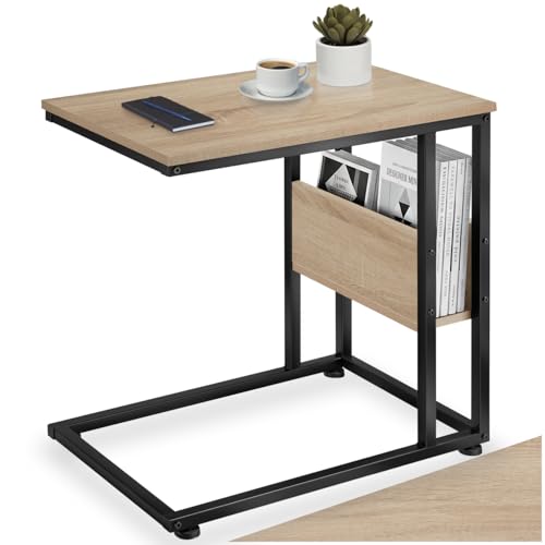 tectake® Beistelltisch Holz Metall, Wohnzimmertisch, Couchtisch C-Form, Laptoptisch für Couch, Betttisch, Sofatablett, Betttablett, Side Table, 55 x 36,5 x 60 cm - Industrial Holz hell, Eiche Sonoma