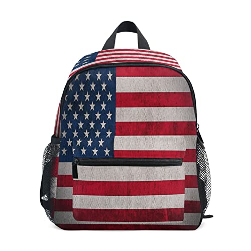 Mochila vintage de bandera estadounidense para niñas y niños, pequeña bolsa de hombro escolar con etiquetas de nombre, bolsa de viaje para estudiantes preescolares, bolsa de pañales para jardín de