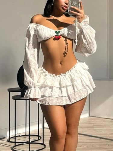 Women Two Piece Outfits Y2K Going Out Cherry Off Shoulder Crop Tops Low Rise Ruffle Layer Pleated Mini Skort Skirt Sets2