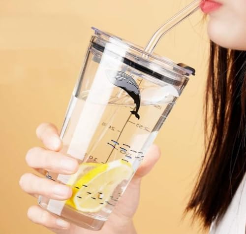 Image of Reusable Glass Coffee Sipper Mugs with Lid & Straw Pack of 1, 450ml Multipurpose Drinking Glasses Tumbler with Leather Sleeve Cup for Juice Smoothies Iced Tea Home & Travel (Dolphine with)