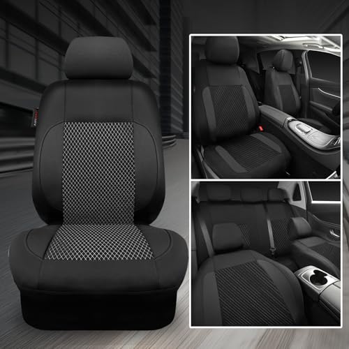 Image of CAR-GRAND 3D Embossed Waterproof Seat Covers for Car, EVA Neoprene Car Seat Cover Full Set,Universal Automotive SUV Sedan Truck, Airbag Compatible,3 Zipper Rear Armrest (Black)