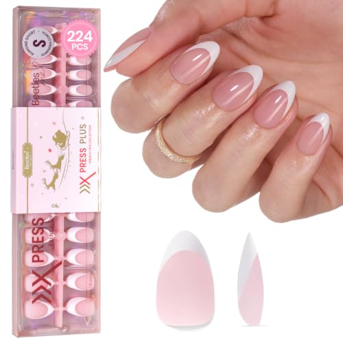 Beetles French Tips Press On Nails - 224 Pcs Short Almond Pink