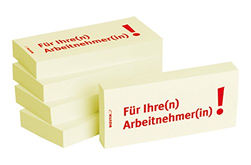 BIZSTIX® Business Haftnotizen 'Für Ihre(n) Arbeitnehmer(in)!' - 1 Packung mit 5 Haftnotizblöcken zu je 100 Blatt, 75 x 35 mm