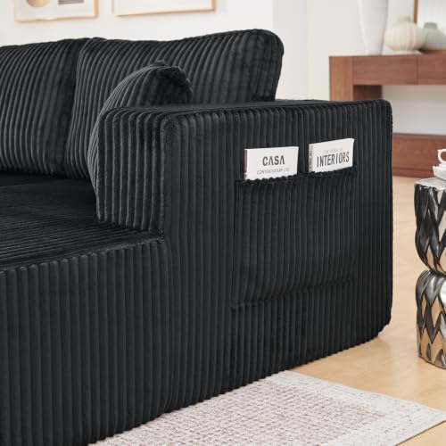 Image of KCGKCG 132 inch U Shaped Corduroy Cloud Couch - No Assembly Required, Black
