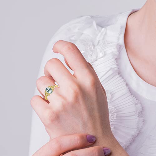 Muuyon Natural Moss Agate Ring For Women Solid 14K Yellow Gold Green Moss Agate Engagement Ring Promise Bridal Ring With 8X6Mm Agate Wedding Bands For Her, Size 6 #TOP1