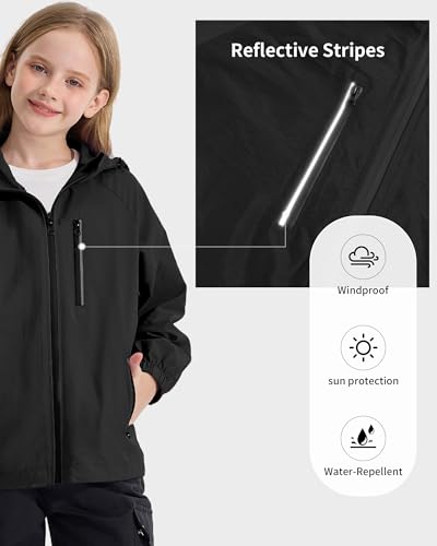 Image of Rolanko Girls Rain Jacket Lightweight Waterproof Hooded Kids Raincoat 6-16 | Kids Windbreaker, Water-Repellent, Sealed Zip Pockets, Reflective Strips, Extended Hood, Outdoor, School Daily, Travel