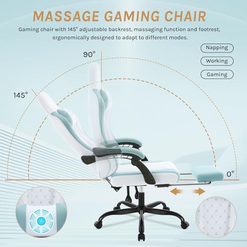 Sedia Gaming con Massaggio, Poltrona Ufficio Ergonomica, Ampia Sedia Girevole Imbottita per Computer con Cuscino Lombare Massaggiante, Carico 150 Kg, Tessuto a rete Bianco+Blu - Sedia gaming - Immagine 6