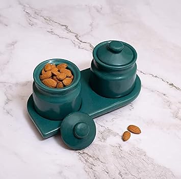 India Meets India Handmade Ceramic Tray & Jars [Green] Pickle/Candy/Spices/Snacks/Tea/Coffee/Sugar Jars w/Lid, Tray - 6 x 3 in and Jars - 3.5 x 2.5 in
