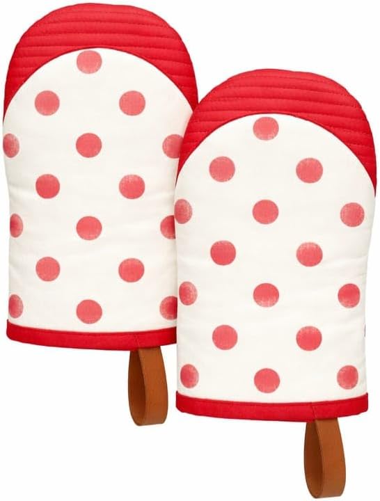 Folkulture Oven Mitts - Set of 2 (5.75"x9") | Polka Red Oven Mitts with Hanging Loop for Cooking Gifts, Kitchen Decor| 100% Cotton, Silicone Heat Resistant Mini Mitts for Kitchen Essentials