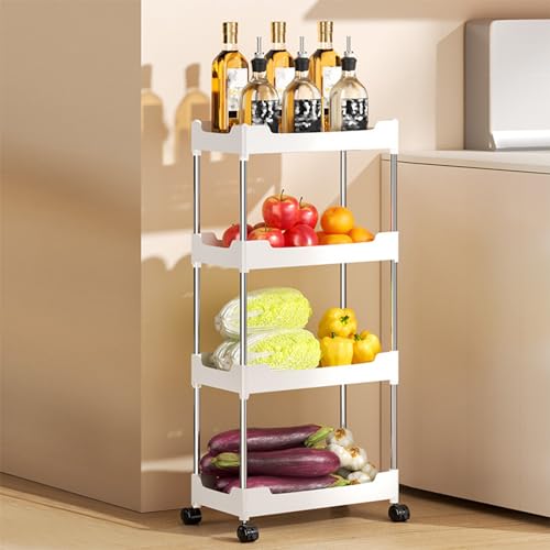 Carrito utilitario rodante de 4 niveles, carrito de almacenamiento de plástico móvil para cocina, baño y hogar, ideal para frutas, verduras y artículos del hogar, color blanco