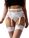 ohyeah White Lace Garter Belt Sexy Mesh Suspender with 6 Straps Metal Clips Vintage Garter Belts for Thigh High Stockings M-L