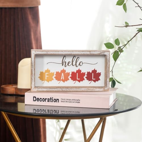 Image of Embossed Hello Fall Sign, Farmhouse Fall Decorations for Home, Modern Autumn Home Decor Indoor, Wooden Thanksgiving Tiered Tray Decor for Table Shelf Cubicle Desk Mantel