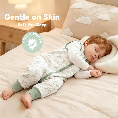 Image of Chilsuessy Toddler Sleep Sack with Feet 6-18 Months, 0.5 TOG Cotton Baby Wearable Blanket with Legs, Sleep Bag Walker with 2-Way Zipper, White Leaf