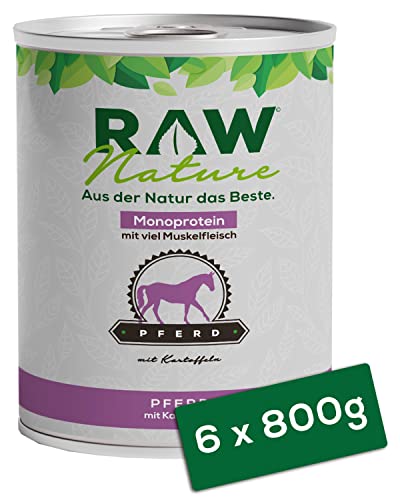 RAW Nature - Pferd Pur 6x800g - Mit Kartoffeln - Nassfutter für Hunde - Hoher Fleischanteil - Monoprotein - Alleinfuttermittel - Getreidefreies Hundefutter (6er Pack)