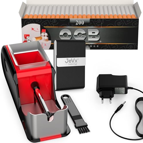 JeVx Máquina Entubar Eléctrica y Liar Tabaco Automática +200 Tubos de Cigarrillos OCB + Pitillera, Máquina para Hacer Cigarros y Liadora de Cigarrillos, Máquina de Hacer Tabaco Rojo