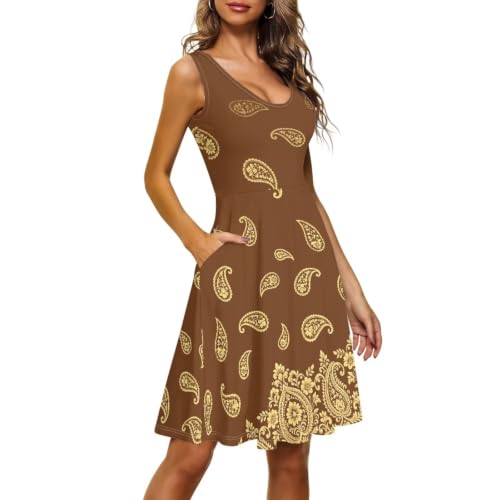 Image of Women Stylish Tank Dresses Sleeveless Round Neck Midi Casual Dress with Pocket for Summer