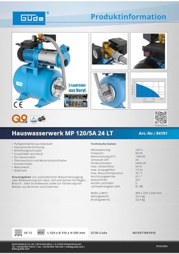 Güde 94191 Hauswasserwerk MP/5A 24 LT