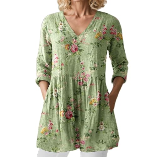 Women's Vintage Boho Floral Long Sleeve Tunic Top Casual Oversized V-Neck Flowy Babydoll Vacation Shirt with Pockets