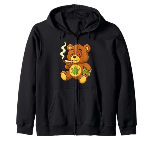 Teddy Bear Funny Weed Smoking Bear with Joint Cannabis Leaf Zip Hoodie