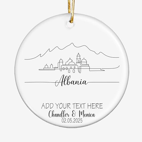 Personalized Ceramic Christmas Ornament Featuring Albania_1 Skyline – Minimalist Line Art Travel Keepsake & Holiday Souvenir Gift for Travelers, Couples & Families jD21VQ
