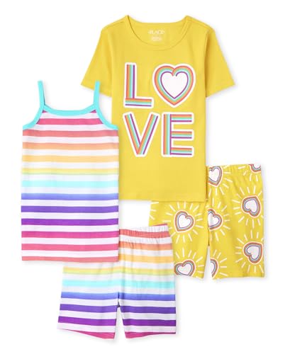 Image of The Children's Place Girls' 100% Cotton Short Sleeve Top and Pants,2 Piece Pajama Set