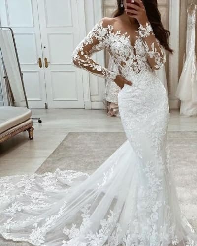 Mermaid Sequin Applique Tulle Wedding Dresses for Bride with Trailing Tail Long Sleeve Bridal Shower Dress for Bride2