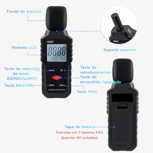 Miniatura 3 de Mcbazel Digital Medidor De Decibelios, 30-130db Medidor De Decibelios De Ruido Con Pantalla Lcd Digital Retroiluminada, Medidor De Sonido Portátil Para Uso Industrial Y Escolar