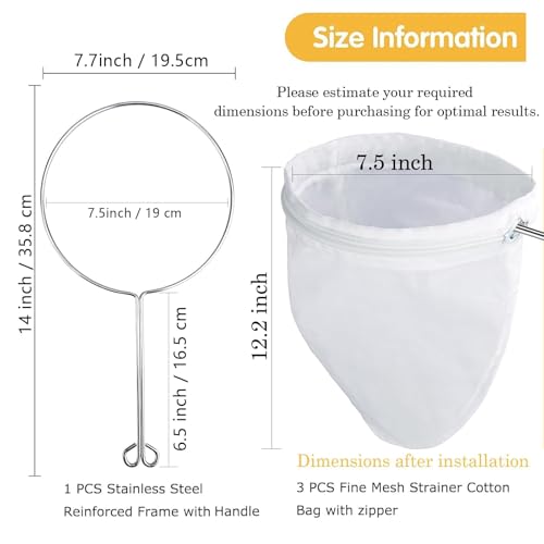 Image of WMKGG Ultra Fine Reusable Filter Bags with Stainless Steel Handle for Nut Milk, Coffee, Milk, Butter, Juices and Fresh Cheese