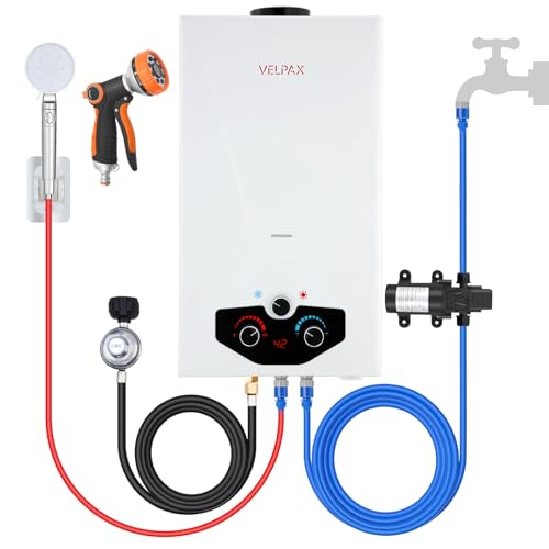 Tankless Water Heater Propane 3.18GPM 12L Outdoor Portable water heater with 2 GPM Water Pump Instant Propane water heater with Digital Display Multi-Protection for Camping Trips Boat Cabins
