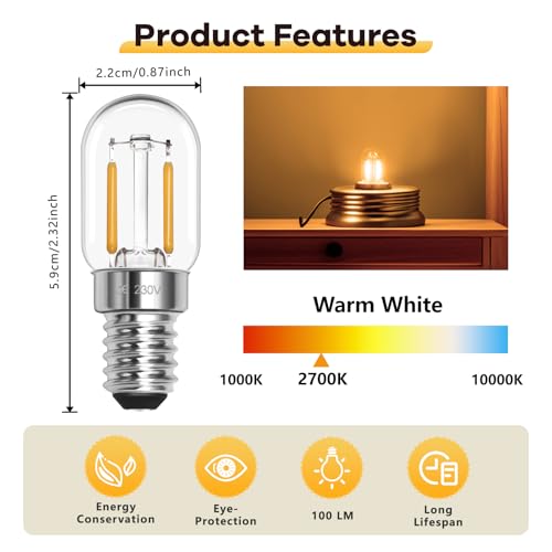 LED Glühbirne E14 Warmweiss 1W 230V, Glühbirne Kühlschrank Led T22 E14 Warmweiß 2700K, Ersatz 10W-15W Halogenlampe, Nicht Dimmbar, für Nachtlicht, Salzlampe, Kronleuchter, Nähmaschine, 2er-Set