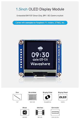 Image of 1.5 Inch OLED Display Module for Raspberry Pi Arduino STM32 SPI / I2C Communication 128x128 Black /White Display Color Embedded SH1107