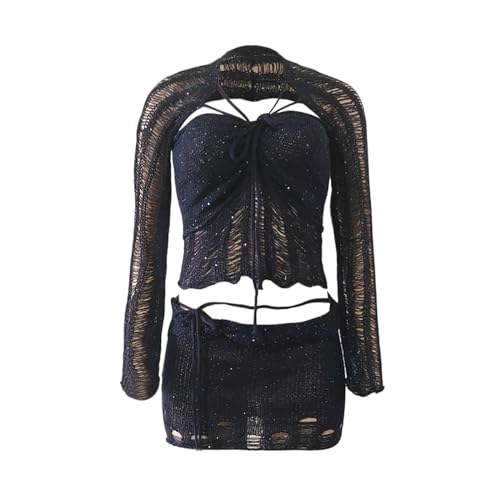 Beach Match Sexy Swimsuits Sets for Women Sequin Skirt And Crochet Tops Set Vacation Bikini Swimsuits Cover Up Sets4