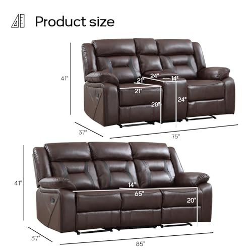 Image of EBELLO Manual Recliner Sofa Set, Faux Leather Reclining Living Room Furniture Set, Included Loveseat and 3 Seat Manual Recliner Sofa, Dark Brown(Loveseat+Sofa)