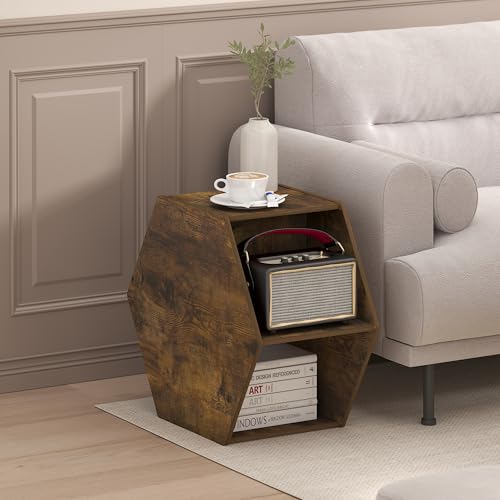 Image of Furinno Simple Design Coffee Table, Hexagon Modern Center Table with Open Shelf, Vertical or Horizontal Side Table, for Living Room, Bedroom, Home Office, Amber Pine